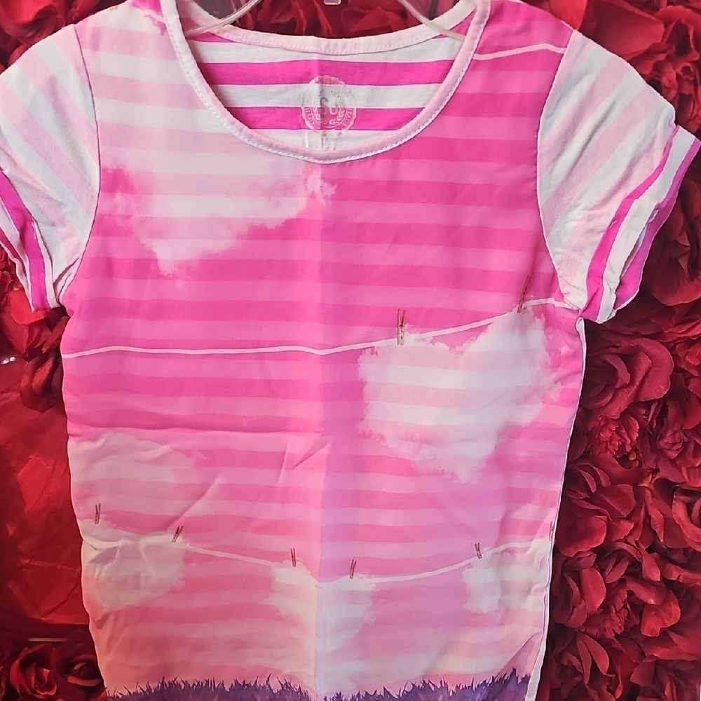SO Girls Pink Striped Heart Sheer Front Overlay TShirt Size 7/8
